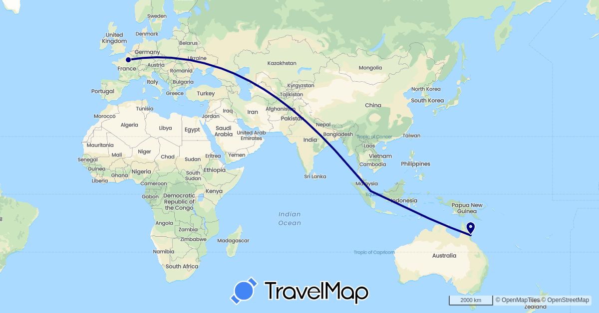 TravelMap itinerary: driving in Australia, France, Singapore (Asia, Europe, Oceania)